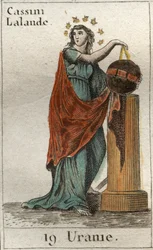 Fremstilling av Urania, astronomiens og astrologiens muse, hun holder en globus og en passer. Fra «Ungdommens mytologi» av Pierre Blanchard, 1803.