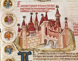 Representasjon av en befestet by lik den i Jerusalem. Side hentet fra manuskriptet «Genealogie de la Bible» fra den franske skolen. 1300-tallet Cremone, biblioteca governativa