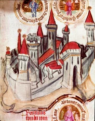 Representasjon av en befestet by i Strasbourg-regionen. Miniatyr på pergamentrull «Bibelens slektsforskning» (ms.199) 1300-tallet Cremone, Biblioteca Governativa