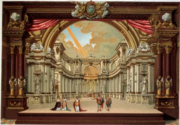 Representasjon av et skuespill av Jean Baptiste Poquelin dit Moliere (1622-1673) ved teatret til slottet i Versailles. Litografi fra 1800-tallet. Dekorativ kunst, Paris
