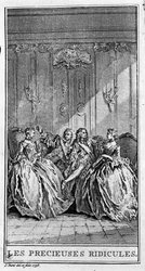 Representasjon av en scene av stykket "" de dyrebare latterliggjøringene"" (1659) av Jean Baptiste Poquelin dit Moliere (1622-1673). Gravering fra 1738.