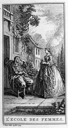 Representasjon av en scene i skuespillet «Kvinnenes skole» (1662) av Jean Baptiste Poquelin dit Moliere (1622-1673). Gravering fra 1739.