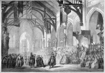 Representasjon av en opera: Landgrave Palace i Wartburg. Scenografi av akt II av "Tannhauser" av Richard Wagner (1813-1883). Opera de Paris