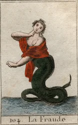 Representation of cheating (dishonesty), as a dangerous snake with a smiling head of woman). From “Mythology of Youth” by Pierre Blanchard 1803.