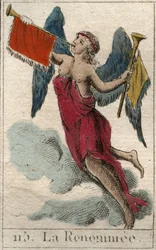 Representasjon av Rename, messagere av Jupiter, i form av en kvinne ailee iført to trompeter for å kunngjøre gode og dårlige nyheter (The Pheme, gudinnen for berømmelse, en bevinget kvinne, spiller trompeter, for å kunngjøre gode og dårlige nyheter). Fra "
