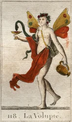 Representasjon av Volupte, naken kvinne kronet med roser, hun holder en kopp eller en slange trekker en deilig likør. (The Voluptuousness (glede), som en naken kvinne, kronet med roser, holder hun en kopp hvor en slange drikker en deilig nektar). Fra "Myth