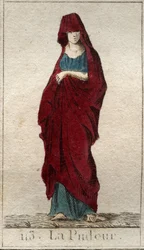 Representasjon av guddommen Modesty, en ung kvinne med et ansikt dekket med et slør. (Representasjon av prudishness, som en kvinne med tilslørt ansikt). Fra "Mythology of Youth" av Pierre Blanchard 1803.