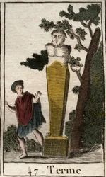 Representasjon av guden Terme, i form av en terminal, for å markere eiendeler og landområder. (Representasjon av guds endepunkt, som en steinterminal av land og eiendeler). Fra "Mythology of Youth" av Pierre Blanchard 1803.