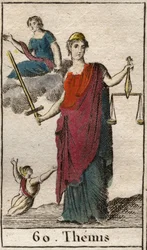 Fremstilling av gudinnen for rettferdighet og lov, Themis, som holder en vekt og et sverd. (Fremstilling av Themis, gudinne for rettferdighet og lov, med bind for øynene og med en vekt og et sverd). Fra «Ungdommens mytologi» av Pierre Blanchard, 1803.