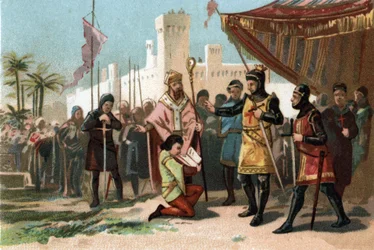 Representasjon av annobliseringsbrevene satt på plass av kong Filip III the Hardi (1270-1285). Kromolitografi rundt 1890.