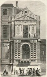 Restaurering av vinduene kjent som Charles IX ved Louvre på 1800-tallet - Gravering i "" Tableau-de-Paris"" av Edmond Texier 1852