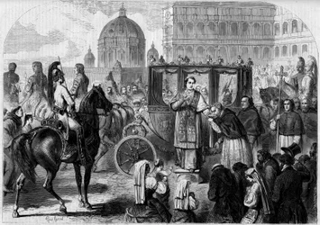 Return of Pope Pius IX (1792-1878) to Rome. Engraving in “The Illustrous World”” n°65 of 26 June 1858.