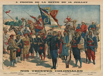 Parade 14. juli, våre kolonitropper, illustrasjon fra «Le Petit Journal», illustrert tillegg, 13. juli 1913