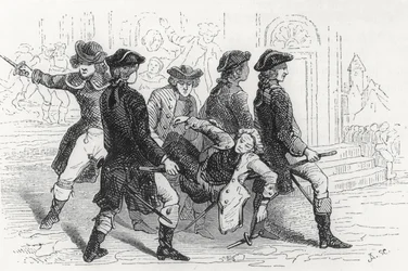 Opprør i Rennes, såret gentleman, illustrasjon fra Bretagne og Vendee, History of the Revolution in the West av Pitre-Chevalier (1812-63) utgitt av W. Coquebert 1845-48