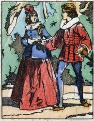 Riquet presents himself to the princess again. Illustration for “” Riquet a la houppe””, tale by Charles Perrault (1628-1703), French writer. Wood engraving of Imaging Pellerin - Epinal, sd. Late 19th century.