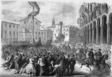Risorgimento - Annektering av Venetia til Italia - 1866: innreise av den italienske kongen Vittorio Emanuele II (Victor Emmanuel II) (Victor Emmanuel) (1820-1878) til Rovigo. Gravering i "" Le Monde Illustré"" nr. 488 av 18. august 1866.