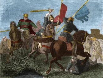 Robert I av Frankrike (865-923), kronet konge av frankerne i 922, drept av soldat av Charles III: Gravering i "" Histoire de France populaire"" av Henri Martin. 1800-tallet.