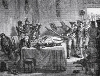 Robespierre venter på henrettelse etter å ha skutt seg selv i kjeven i 1794