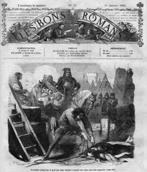 Romersk serie: "" Notre Dame de Paris"" av Victor Hugo (1802-1885). En mann drenerer to kvinner på broen. Gravering i "" Les bons romances""