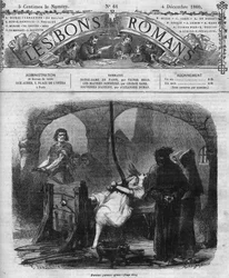 Romersk serie: "" Notre Dame de Paris"" av Victor Hugo (1802-1885). Avhør og tortur av Esmeralda. Gravering i "" Les bons romances""