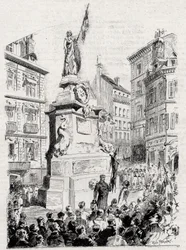 Rouen: members of the League of Patriotes in front of the statue of Joan of Arc- drawing by Paul Merwart for “” the flag - illustrious monitor of the League of Patriotes”” - 1884