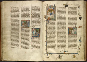 Royal 14 E. III, ff.88v-89 Lancelot removing the head of his decapitated grandfather, the king, out of a boiling well; a building collapsing on two knights. On the right, miniature of Arthur and Guinevere seated at a banquet, from 