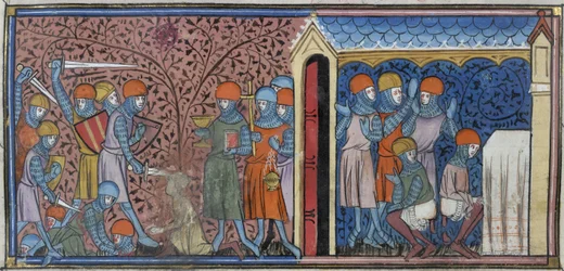 Royal 16 G. VI, f.185v Raid of the Mansur of Cordoba, illustrasjon fra 