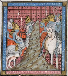 Royal 16 G. VI, f.317v Detalj av en miniatyr av delingen av en korsfarende hær mens de krysser et fjell, illustrasjon fra 