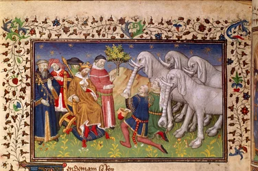 Royal 20 B. XX, fol.82v, Alexander gitt hvite elefanter, fra 