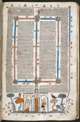 Royal MS 10 E IV, f.209r, The Painter and the Devil, fra Decretals of Gregory IX med glans av Bernard av Parma (