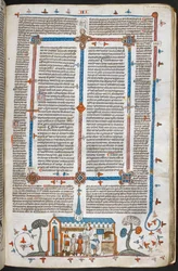 Royal MS 10 E IV f.211r, en bas-de-page scene av kommunikanter ved en messe, ca. 1300-40 (penn og blekk og tempera på pergament)