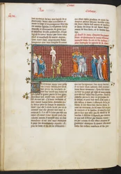 Royal MS 16 G. VI, Death of Romhilda, Romhildas døtre redde sin ære (bok 4, 24), fra Les Grandes Chroniques de France