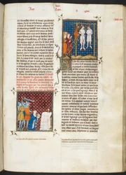 Royal MS 16 G. VI, f.306r, Drapet på Karl, greve av Flandern, ved henging (Ludvig VI, bok 20), fra Les Grandes Chroniques de France
