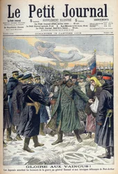 Russisk-japansk krig 1904-1905: Japanere tillater general Stoessel og de russiske forsvarerne av Port Arthur ærefull overgivelse. Fra Le petit Journal, Paris