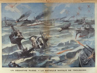 Russisk sjøkatastrofe under slaget ved Tsushima i 1905, illustrasjon fra Le Petit Parisien, 2. juli, 1906