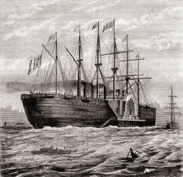 SS Great Eastern, jernseilende dampskip designet av Isambard Kingdom Brunel, fra Les Merveilles de la Science, publisert ca. 1870 (gravering)