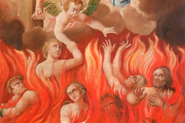 Saint-Nicolas de Veroce kirke. Siste dom: i helvete. En gruppe av de frelste. Maleri. Frankrike.