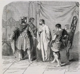 Saint Eloi og Dagobert: Dagobert ble overrasket da Eloi introduserte ham den andre lenestolen - grav. 1800-tallet
