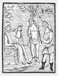 Saint Reine blir torturert, huden hennes revet av jernkammer, på kommando av Olibre, for å nekte å fornekte hennes tro