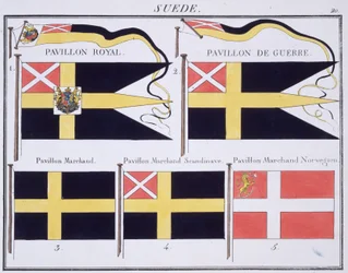 Skandinaviske flagg, fra en fransk bok med flagg, ca. 1819