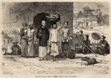 Scene du marche de Saigon, gravering etter en tegning av D. Maillard, som illustrerer reisen til Cochinchine, av Doctor Morice, i 1872, publisert i "" Le tour du monde"" 1875, redigert av Edouard Charton, Hachette-utgaven, Paris. Selva samling.