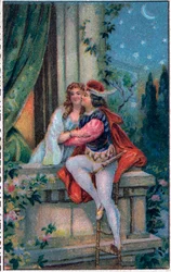 Scene fra Shakespeares «Romeo og Julie», 3. akt, 5. scene: De elskende på balkongen.