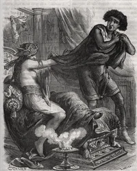 Scene fra Bibelen: "" Hun grep den for dydige unge mannen i tunikaen hans""". Kona til Putifar (Potifar) prøver å forføre Josef, en slave av farao. Gravering fra 1871 i «Histoire Des Cocus Celebres»» av Henry de Kock (1819-1892).