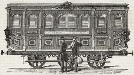 Postkontor - utvendig utsikt over det mobile kontoret - Gravering i "Tableau-de-Paris" av Edmond Texier 1852
