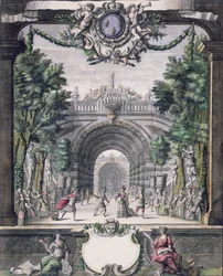 Scenografi for en uidentifisert ballett, hentet fra en samling med tittelen Menus Plaisirs du Roi (penn og blekk og wc på papir)