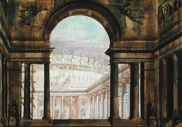 Scenografi inspirert av antikken, ca. 1800 (penn & blekk og akvarell på papir)