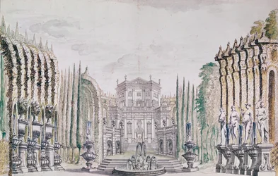 Scenografi av et palass for et teater, ca. 1660-80 (penn og blekk og wc på papir)