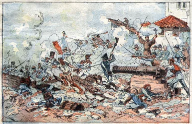 Beleiring og fangst av Zaragoza (Zaragoza) i Spania i februar 1809 av Napoleon-troppene. Gravering fra 1800-tallet.