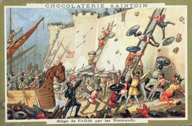 Beleiring av Paris av normannerne på 900-tallet, reklame for Chocolaterie Saintoin, ca. 1900