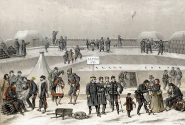 Beleiring av Paris i 1870 under krigen 1870-1871. Soldatene forbereder forsvaret av byen: man kan se en soldat i bunkeren.
